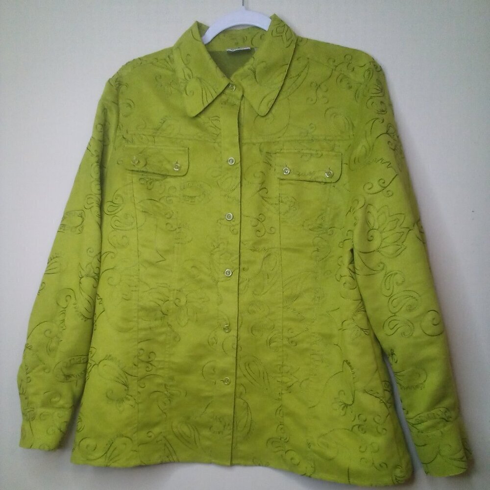 Chico's Shirt Blouse Women 2 L Button Up Long Sleeve Textured Pattern Green